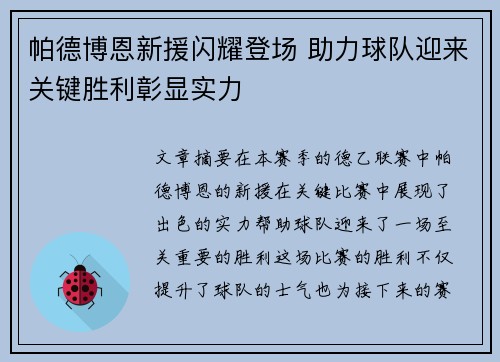 帕德博恩新援闪耀登场 助力球队迎来关键胜利彰显实力
