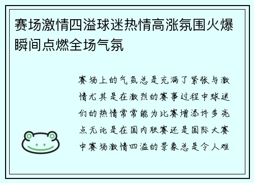 赛场激情四溢球迷热情高涨氛围火爆瞬间点燃全场气氛