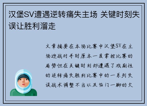 汉堡SV遭遇逆转痛失主场 关键时刻失误让胜利溜走