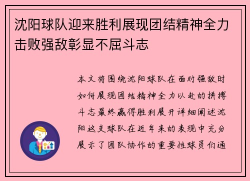 沈阳球队迎来胜利展现团结精神全力击败强敌彰显不屈斗志