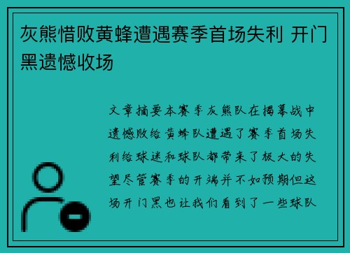 灰熊惜败黄蜂遭遇赛季首场失利 开门黑遗憾收场