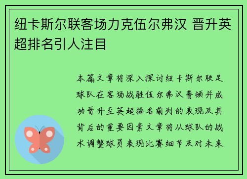 纽卡斯尔联客场力克伍尔弗汉 晋升英超排名引人注目